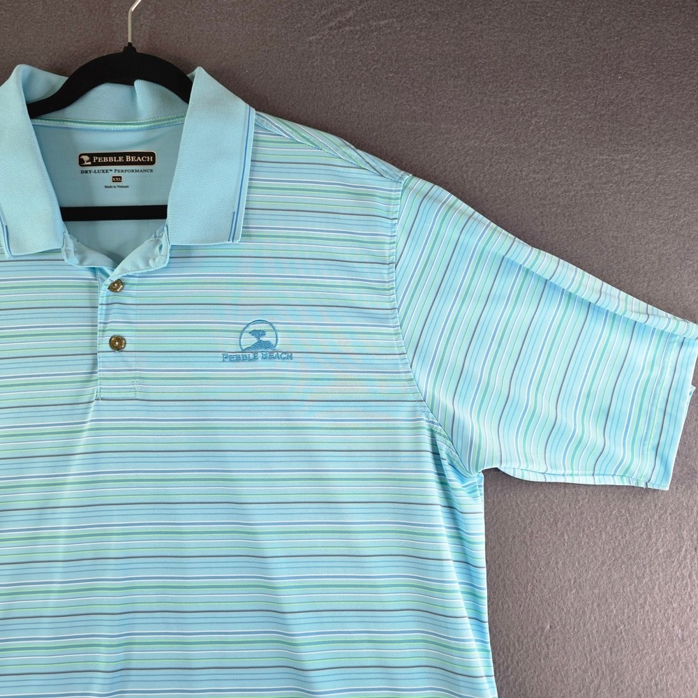 Pebble‎ Beach Polo Shirt Mens XXL Light Blue Striped Dry-Luxe Performance Golf